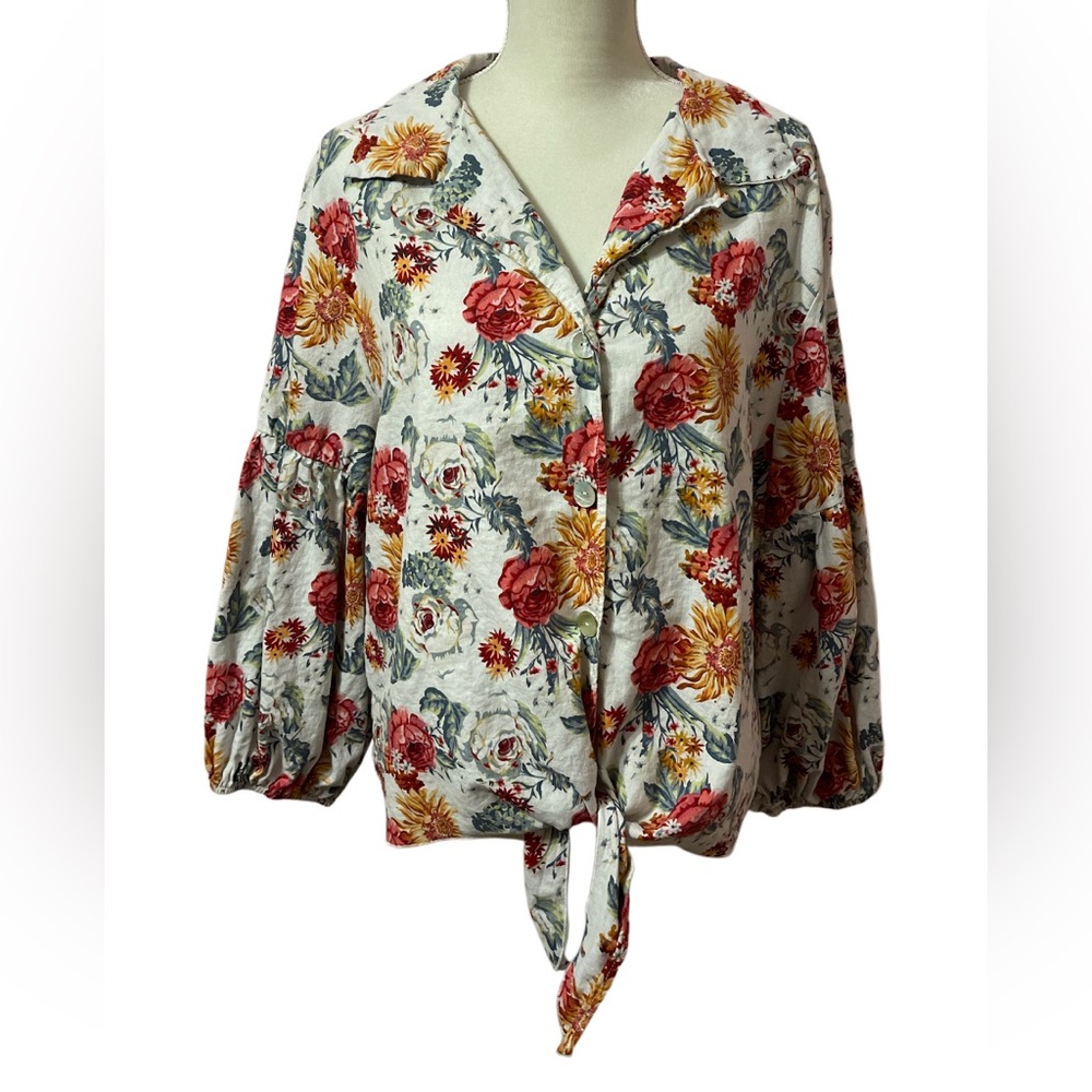 Kaktus Womens Button Up Floral Linen Blend Shirt Size 2X Peasant Fairy Festival